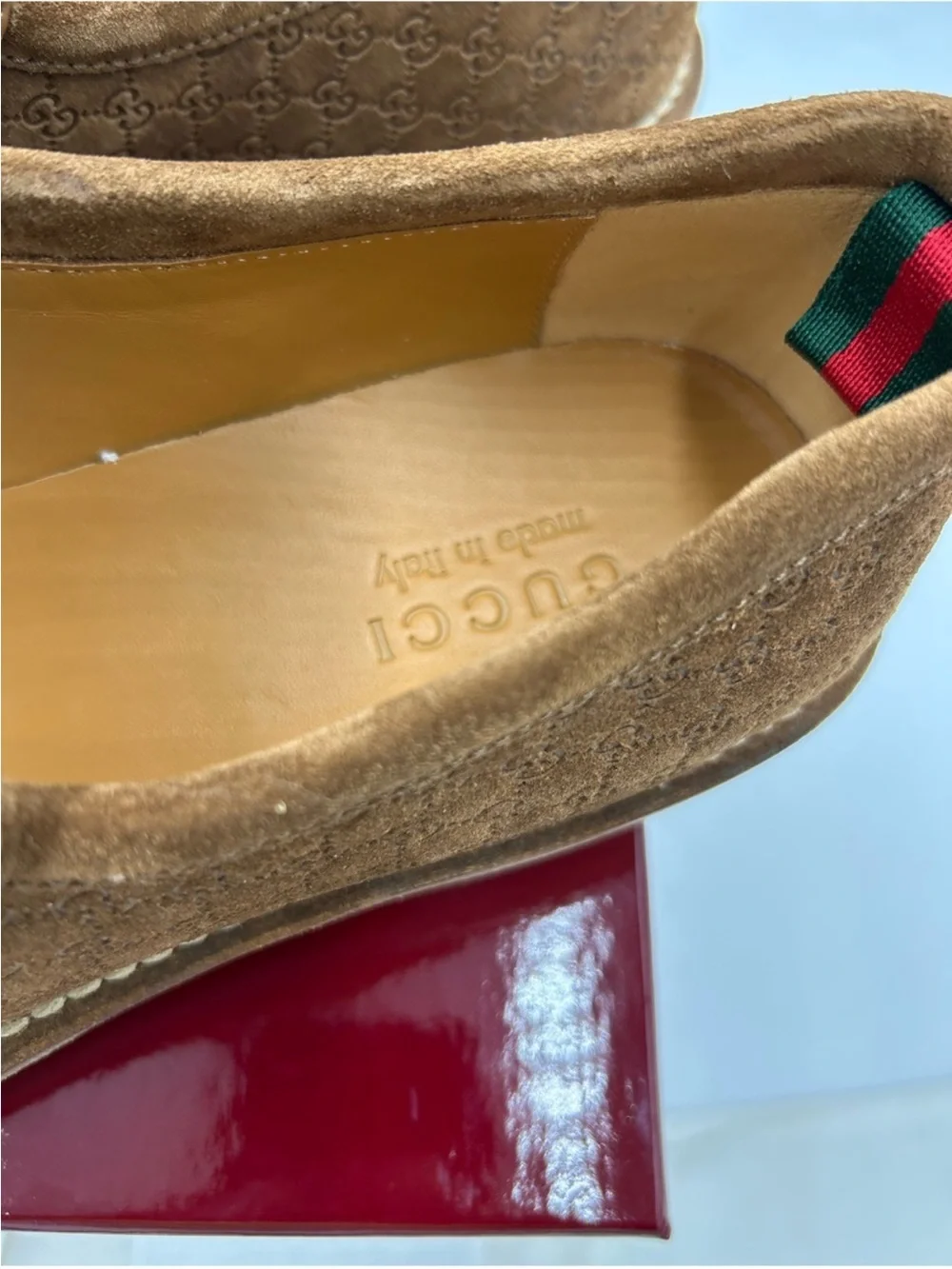 Men’s Gucci suede GG monogram web loafer size 10 fits 10.5 US made in Italy